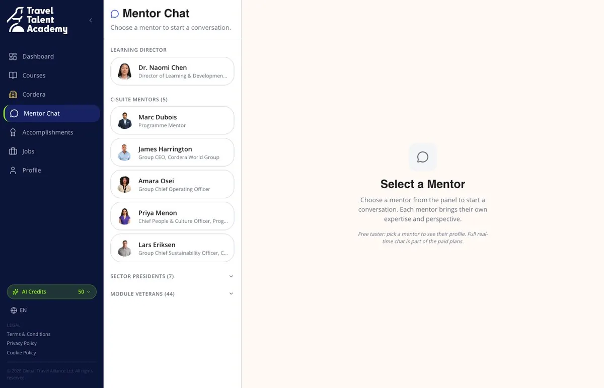 AI Mentor Chat interface showing mentors available to learners