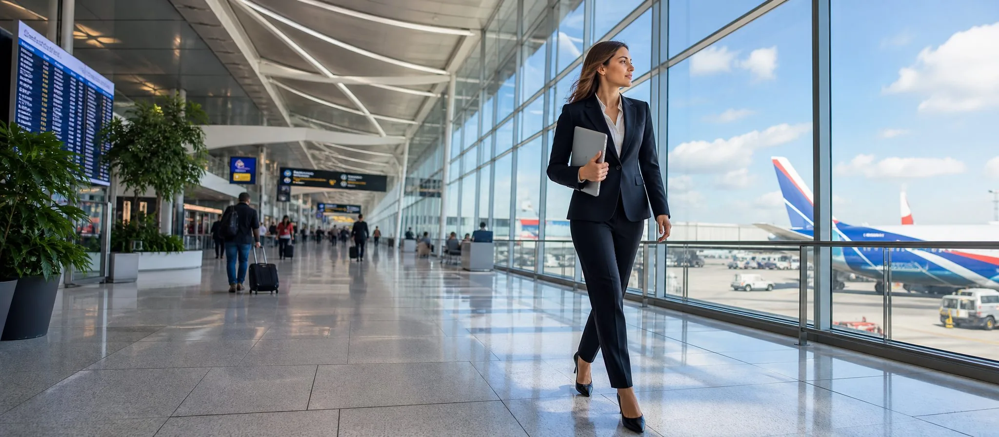 A business traveller walking through an international airport terminal