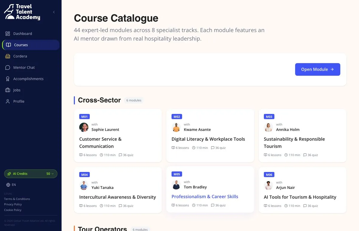 Travel Talent Academy student portal, course catalogue view