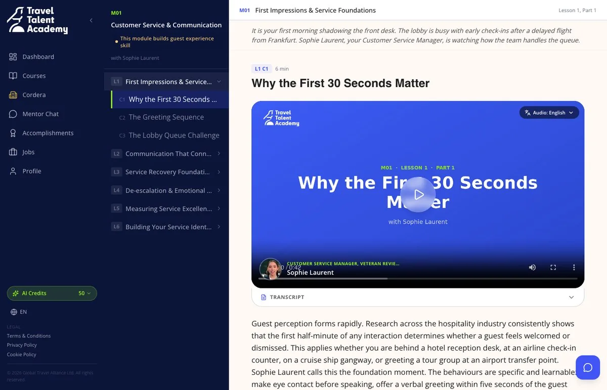 Travel Talent Academy student portal, video lesson view
